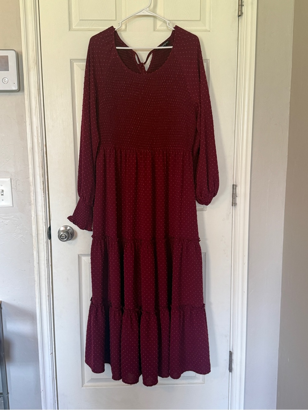 Long Sleeve Burgundy Tiered Maxi Dress with Tie Back